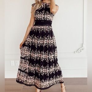 Jessakae Stella Embroidered Floral Maxi Dress Boho Wedding Cocktail Black Pink S